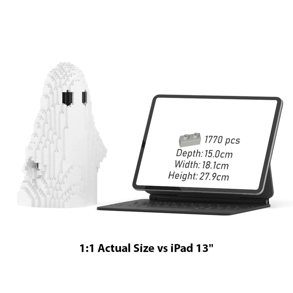 A white ghost-shaped building block model shown beside an iPad in a black keyboard case on a white background, with text below reading '1:1 Actual Size vs iPad 13"'. The iPad screen displays product details.