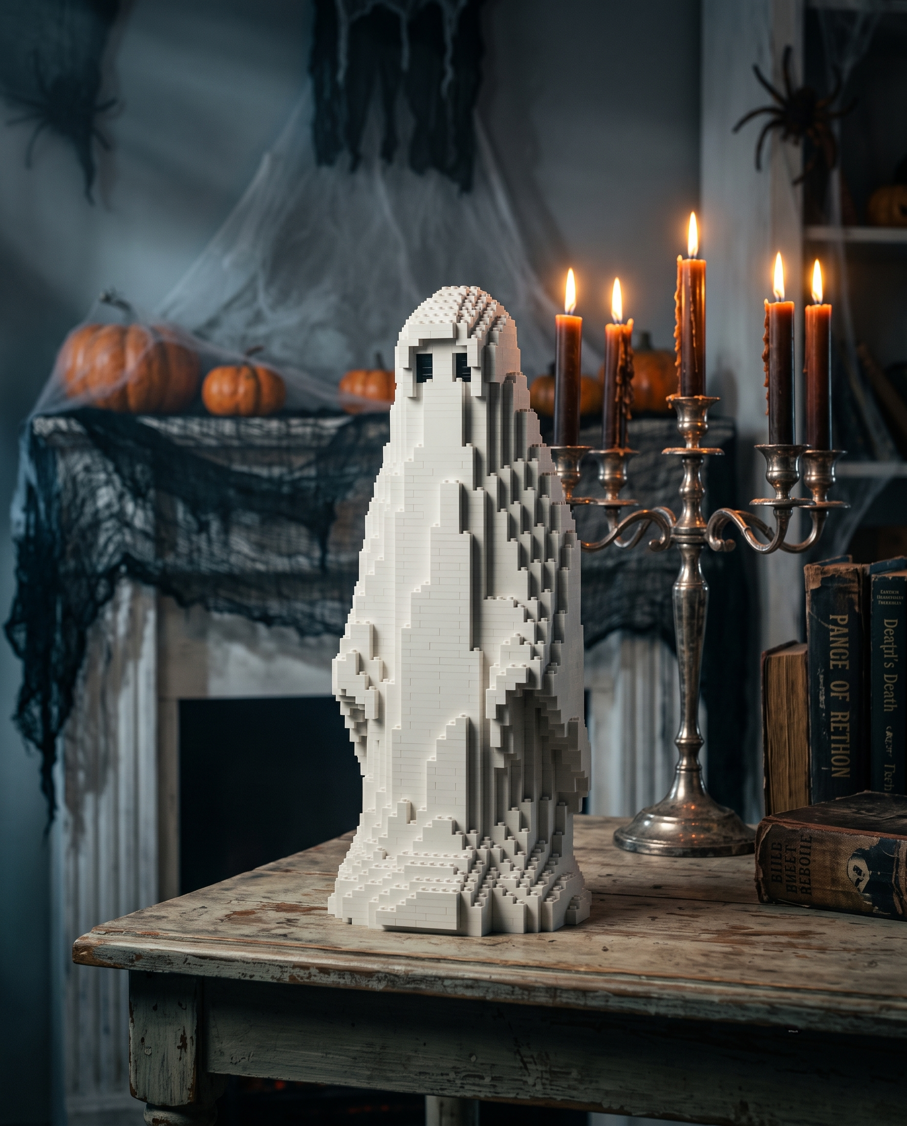 A white pixelated ghost-shaped decorative figure stands on a rustic wooden table in a Halloween-themed room, with lit candles, pumpkins, spider decorations, and old books in the background.