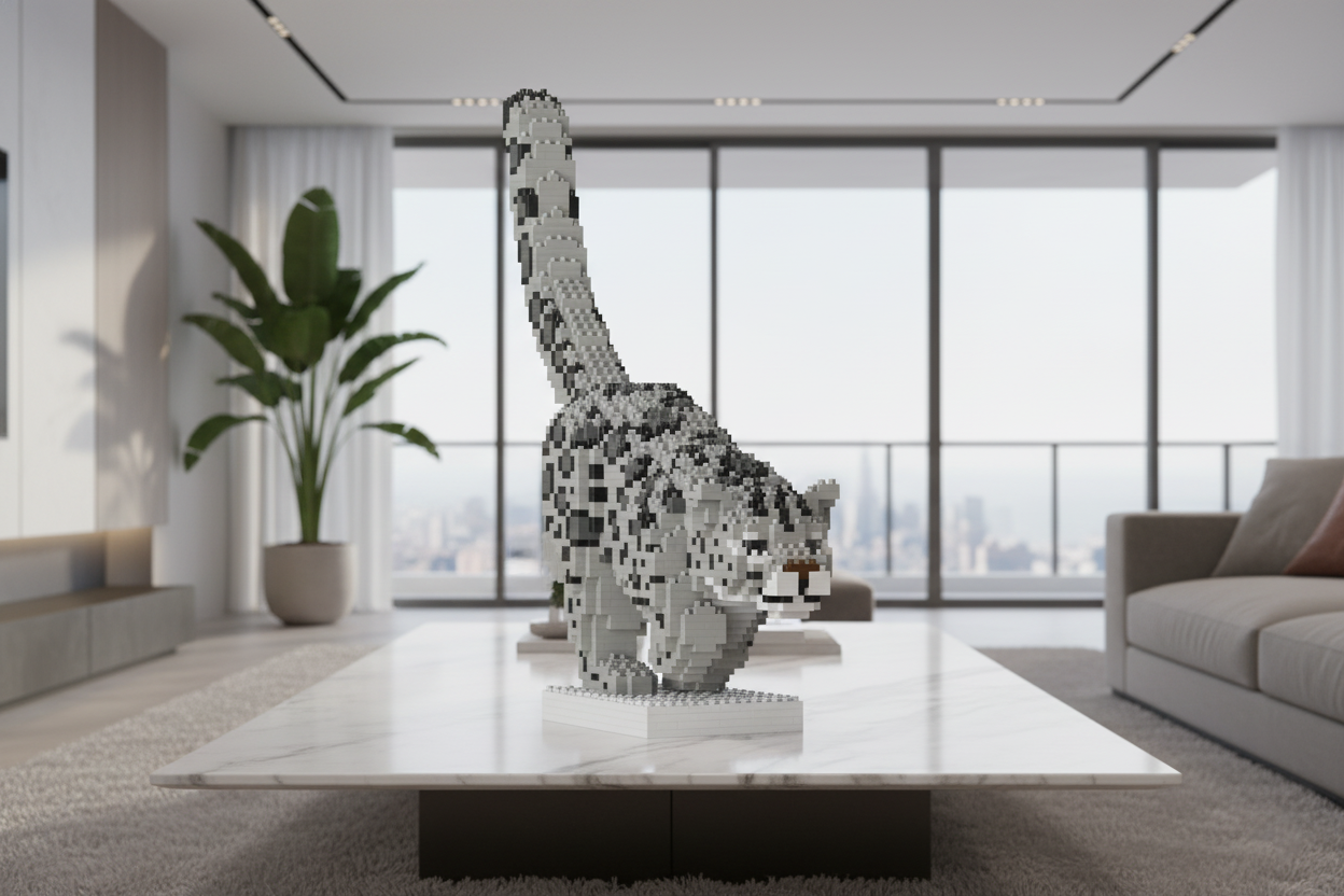 Modern living room with a large snow leopard sculpture made of interlocking blocks on a coffee table