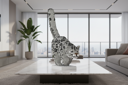 Modern living room with a large snow leopard sculpture made of interlocking blocks on a coffee table
