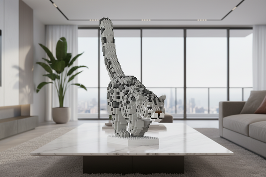 Modern living room with a large snow leopard sculpture made of interlocking blocks on a coffee table