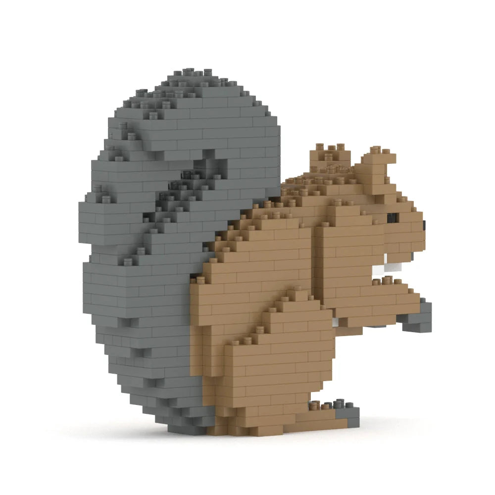 Squirrel sculpture made of interlocking bricks on a white background