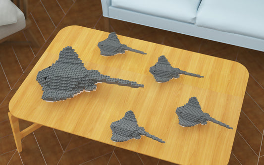 Wooden coffee table with stingray models made of interlocking blocks on it