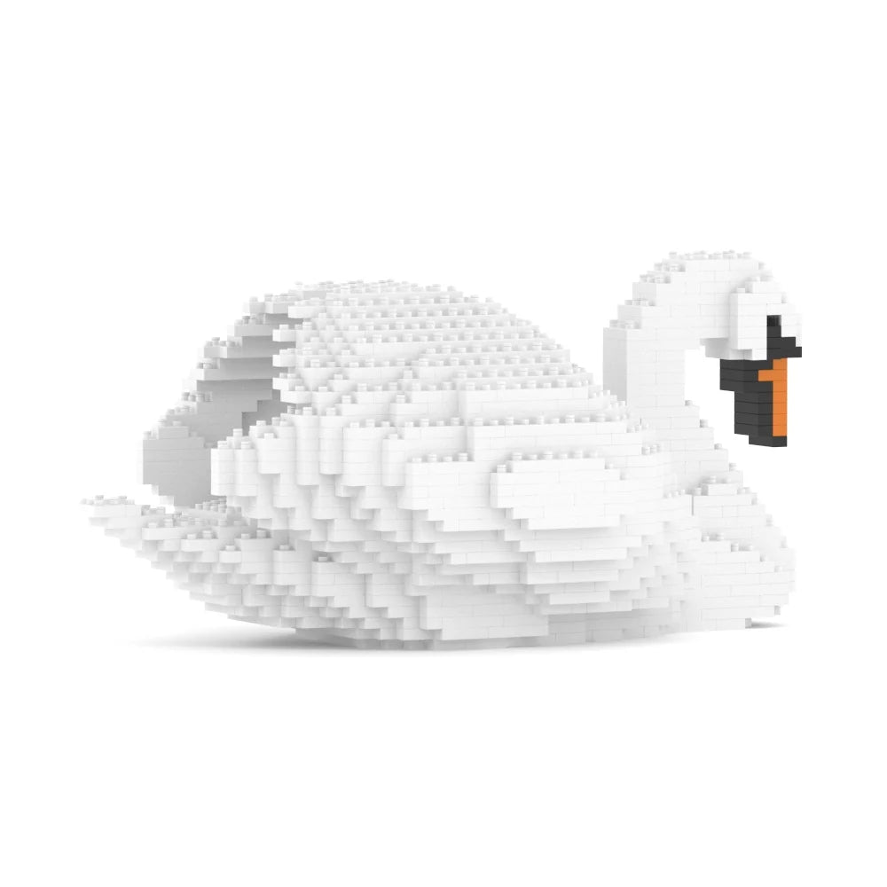 A white swan figure constructed from small block-like pieces, shown in profile on a plain white background. The beak is black with a small orange accent.