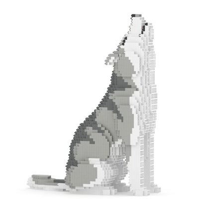 3D puzzle of a wolf made from small interlocking bricks on a white background