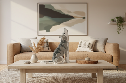 Living room with a beige sofa, wooden coffee table, and wolf sculpture made of interlocking blocks on the table