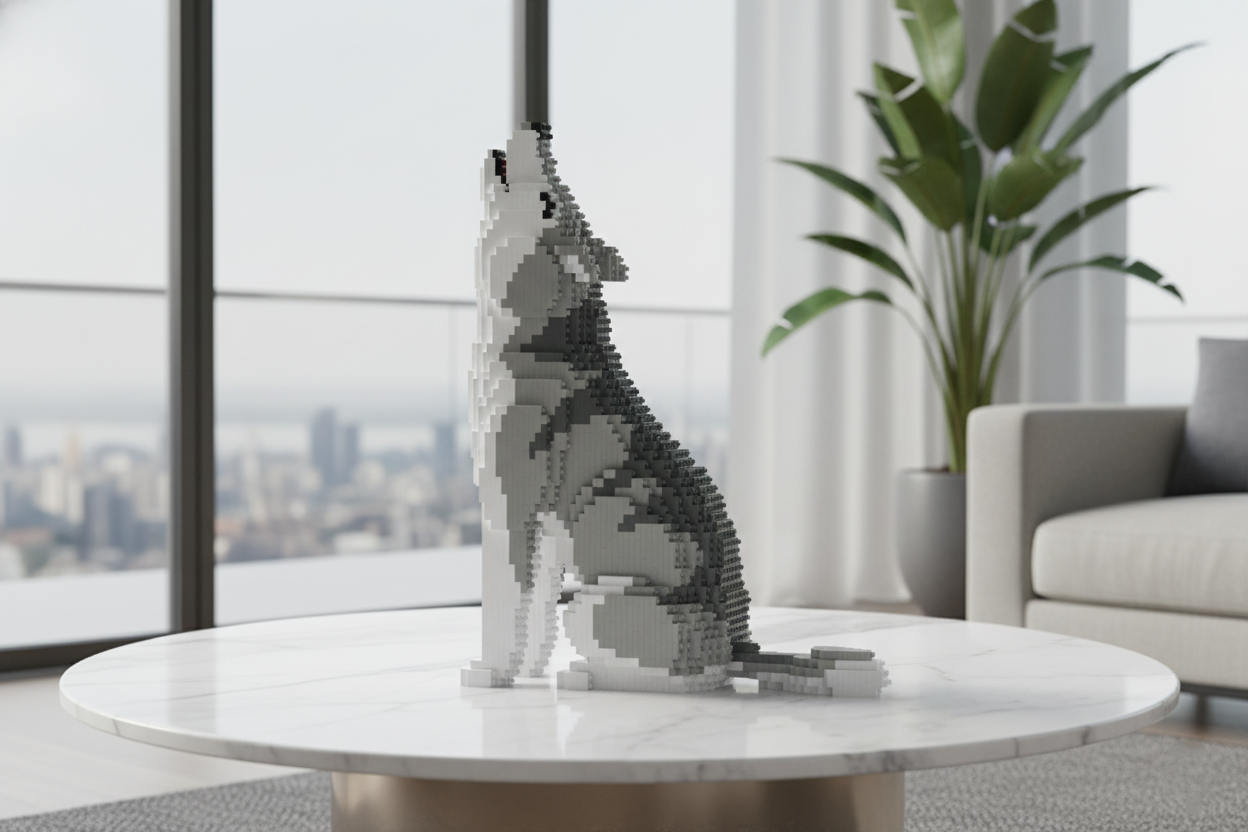 modern living room with a sculpture of the wold made of interlocking blocks on a coffee table