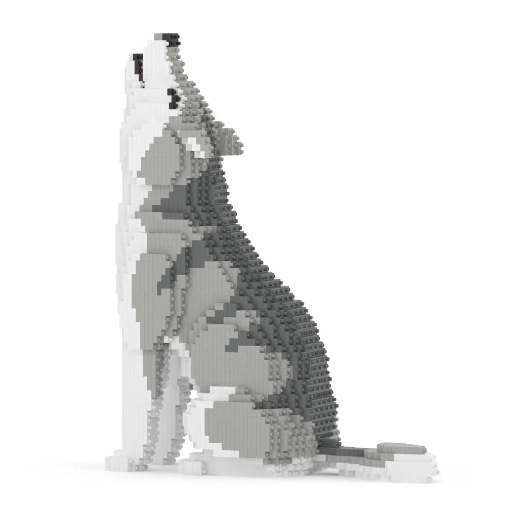 Wolf figurine made of interlocking bricks on a white background