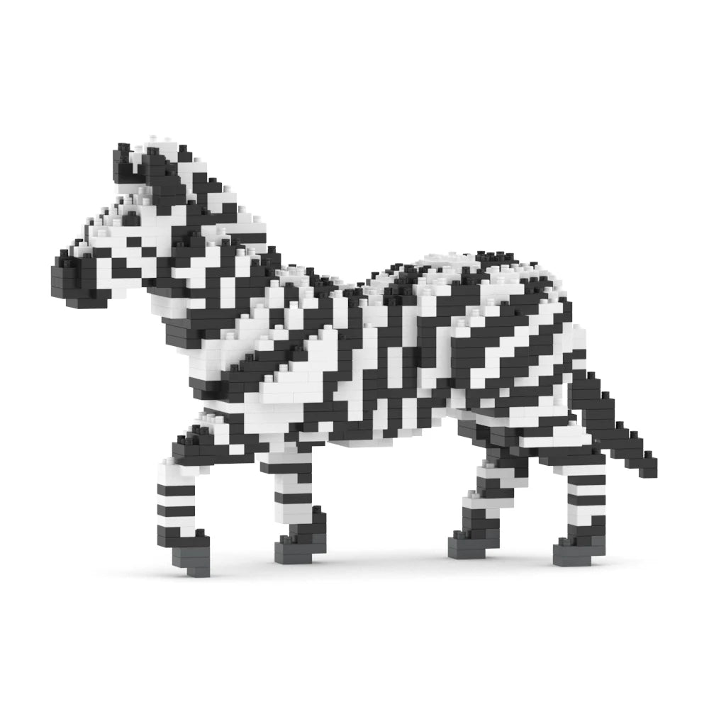 Zebra model made of black and white building blocks on a white background