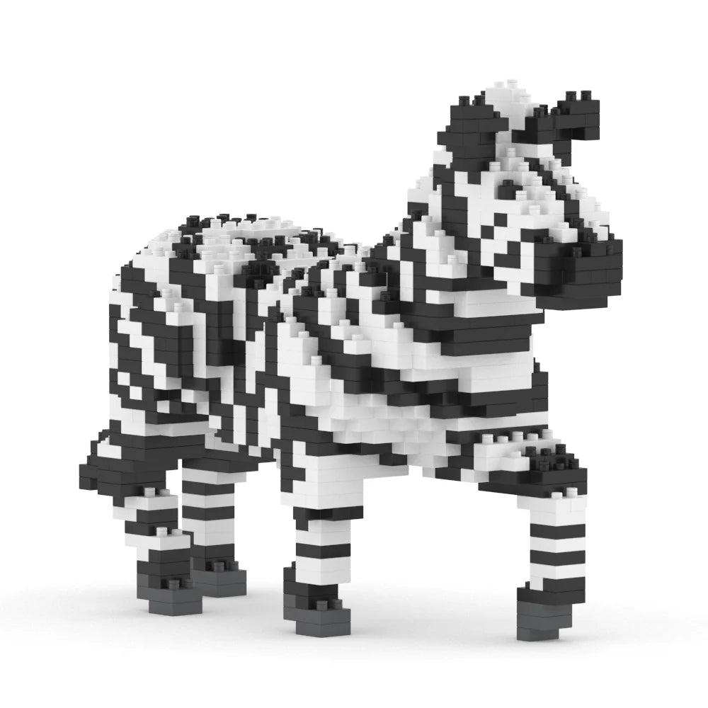Zebra made of black and white building blocks on a white background