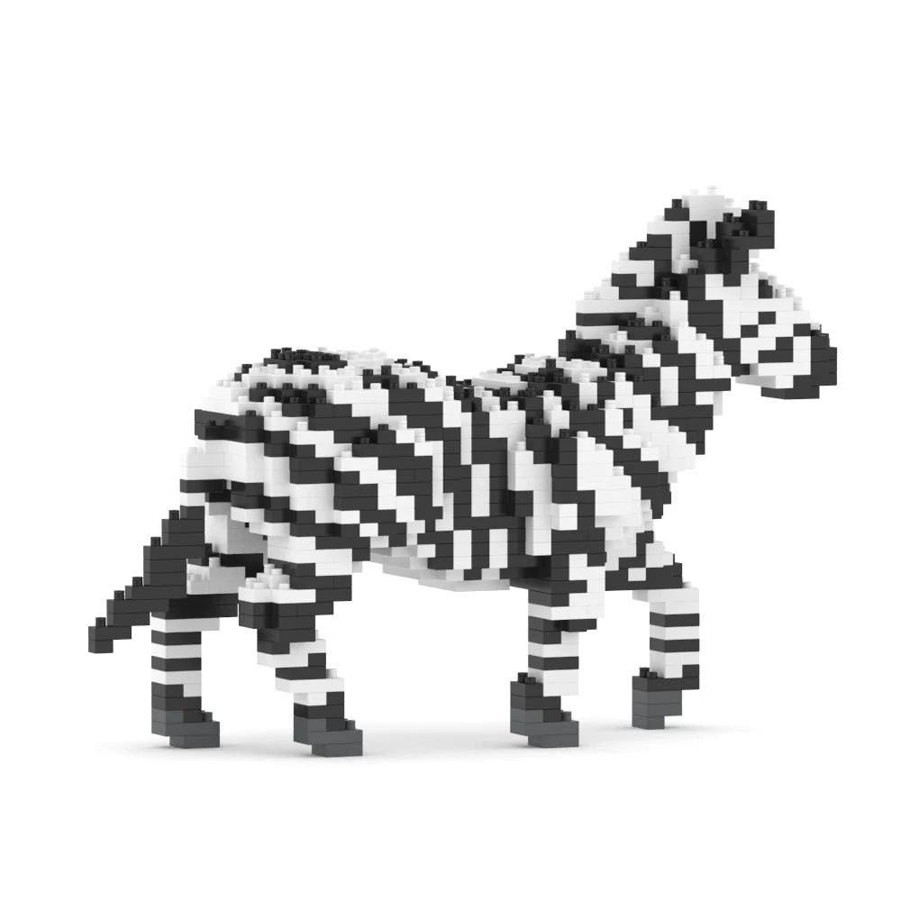 Zebra made of black and white building blocks on a white background