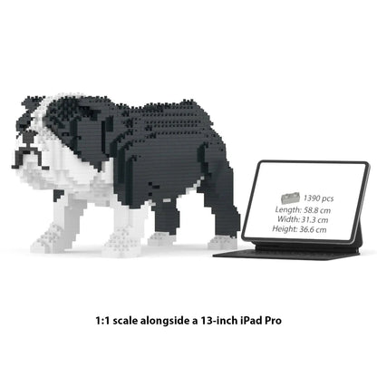 JEKCA English Bulldog 1:1 scale building block Big sculpture standing next to a 13-inch iPad Pro for size reference.