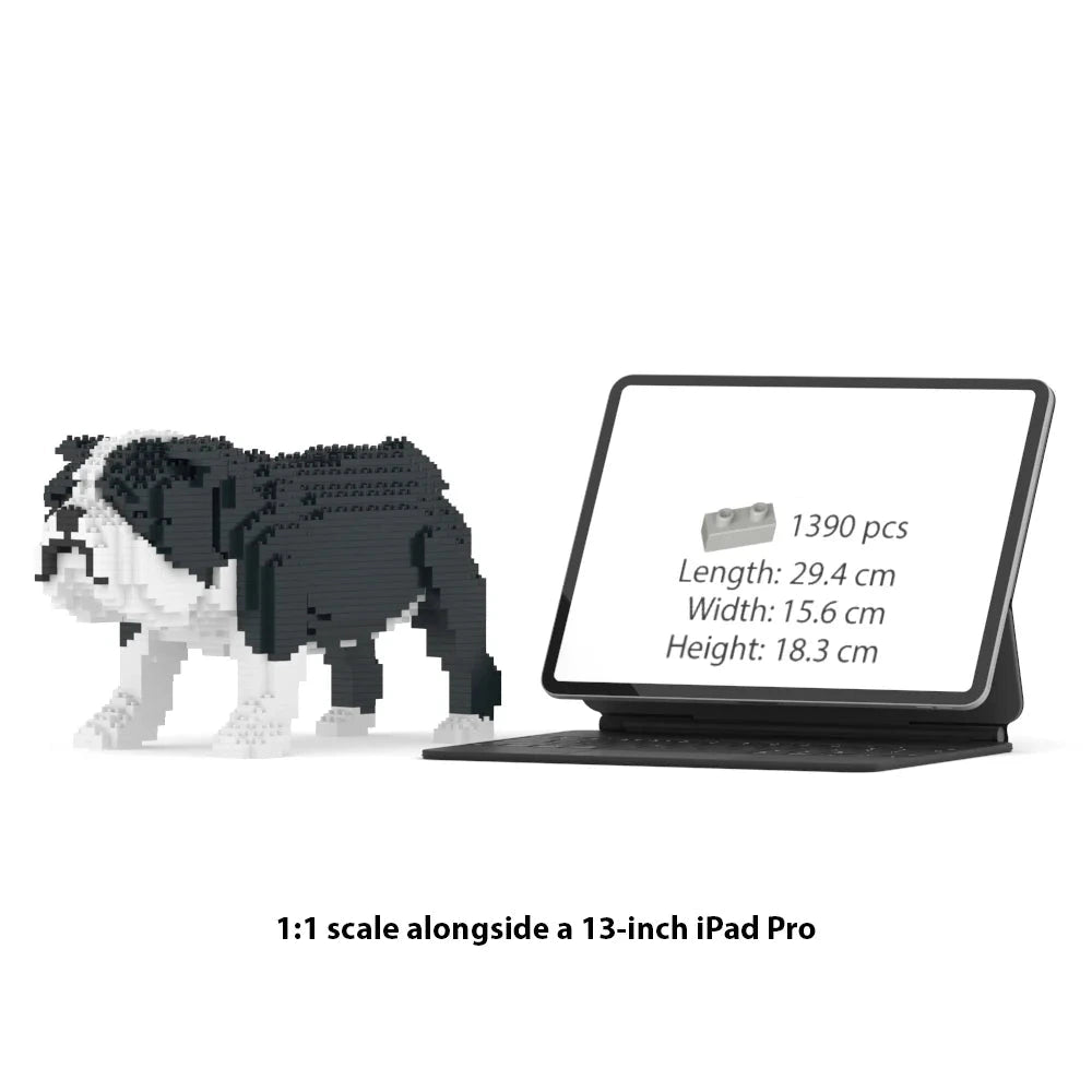 JEKCA English Bulldog 1:1 scale building block sculpture standing next to a 13-inch iPad Pro for size reference.