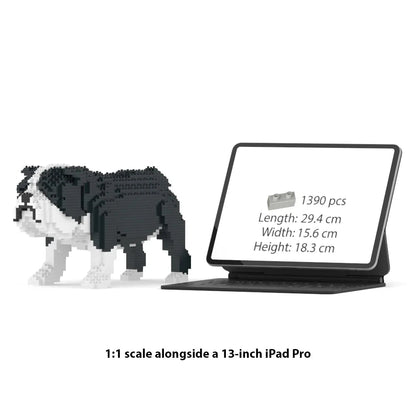 JEKCA English Bulldog 1:1 scale building block sculpture standing next to a 13-inch iPad Pro for size reference.