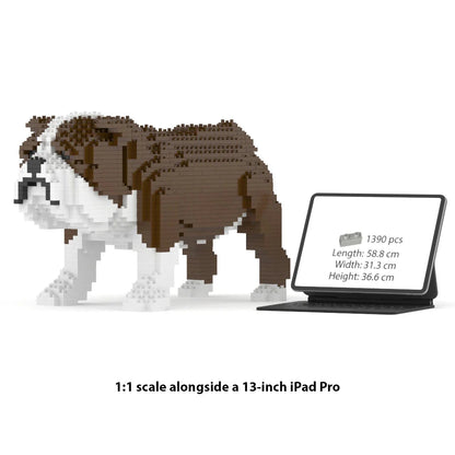 JEKCA English Bulldog 1:1 scale building block big sculpture standing next to a 13-inch iPad Pro for size reference.