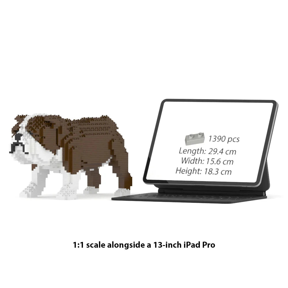 JEKCA English Bulldog 1:1 scale building block sculpture standing next to a 13-inch iPad Pro for size reference.