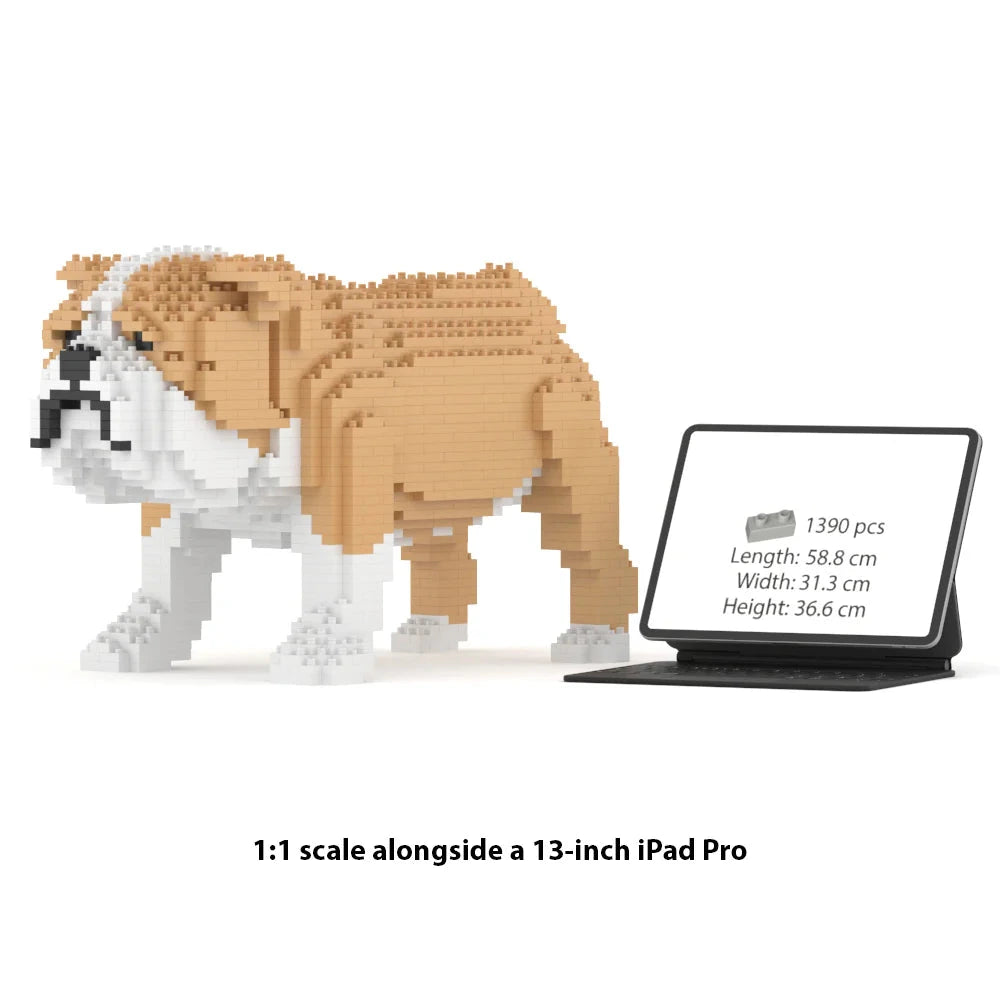 JEKCA English Bulldog 1:1 scale building block Big sculpture standing next to a 13-inch iPad Pro for size reference.