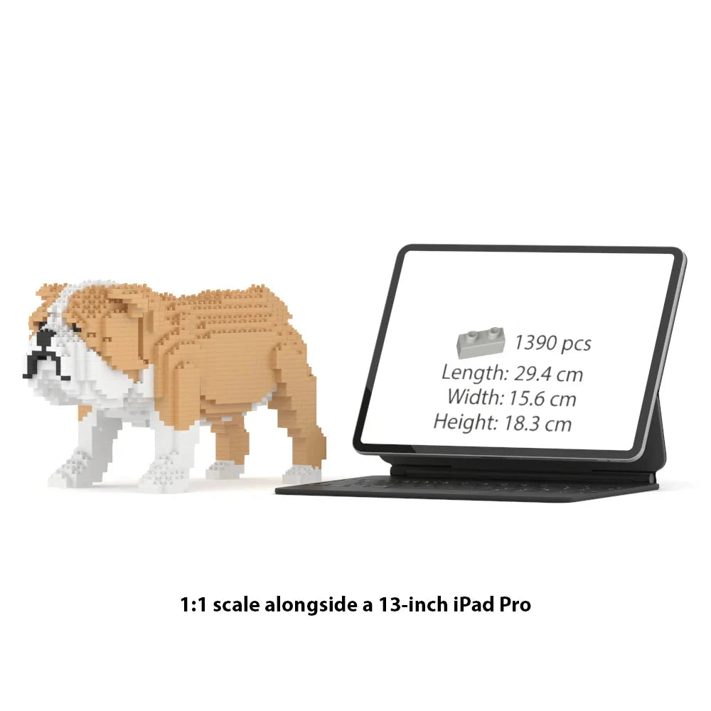 JEKCA English Bulldog 1:1 scale building block sculpture standing next to a 13-inch iPad Pro for size reference.