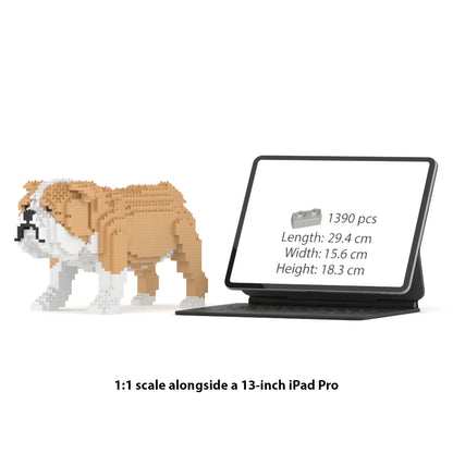 JEKCA English Bulldog 1:1 scale building block sculpture standing next to a 13-inch iPad Pro for size reference.