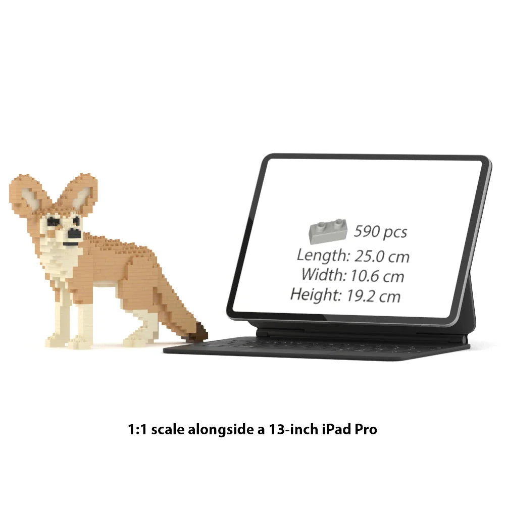 JEKCA Fennec Fox 1:1 scale building block sculpture standing next to a 13-inch iPad Pro for size reference.