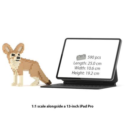 JEKCA Fennec Fox 1:1 scale building block sculpture standing next to a 13-inch iPad Pro for size reference.