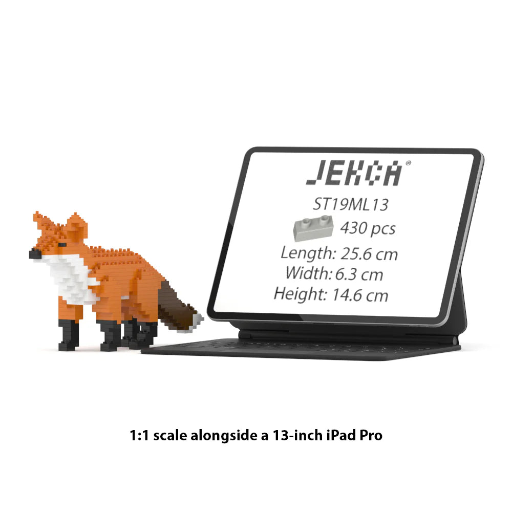 JEKCA Fox 1:1 scale building block sculpture standing next to a 13-inch iPad Pro for size reference.