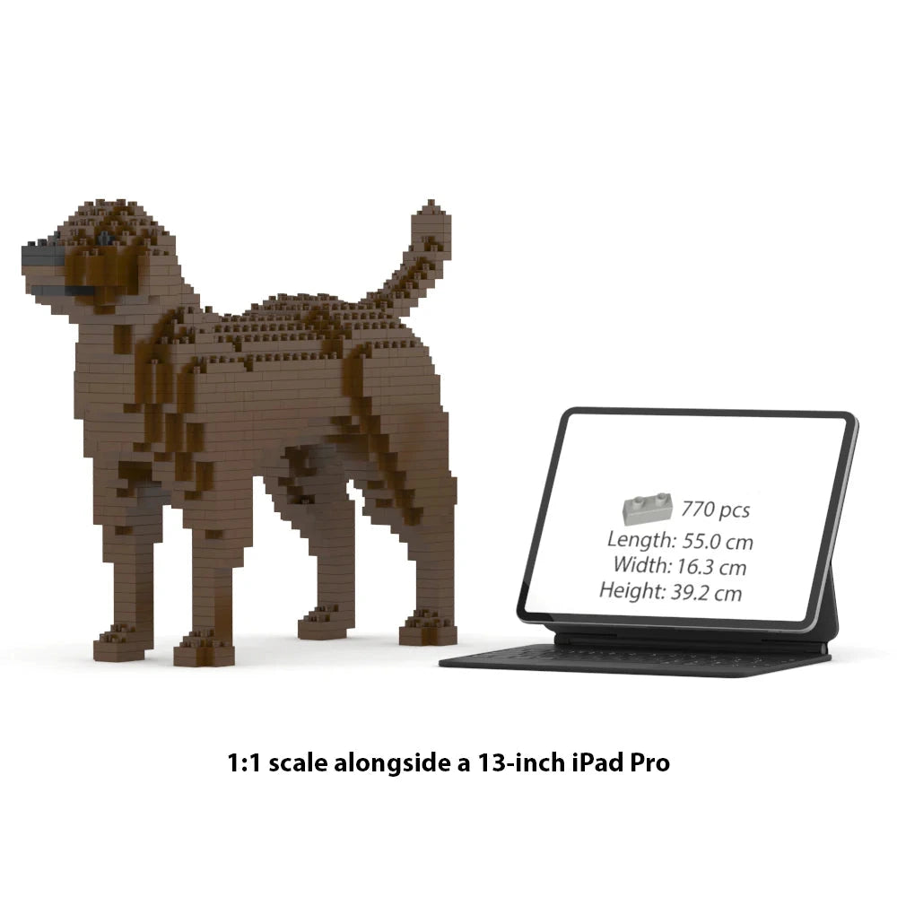 JEKCA Labrador Retriever building block model displayed next to 13-inch iPad Pro for scale comparison.