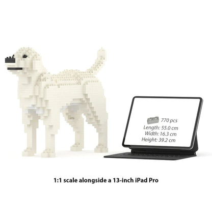 JEKCA Labrador Retriever building block model displayed next to 13-inch iPad Pro for scale comparison.