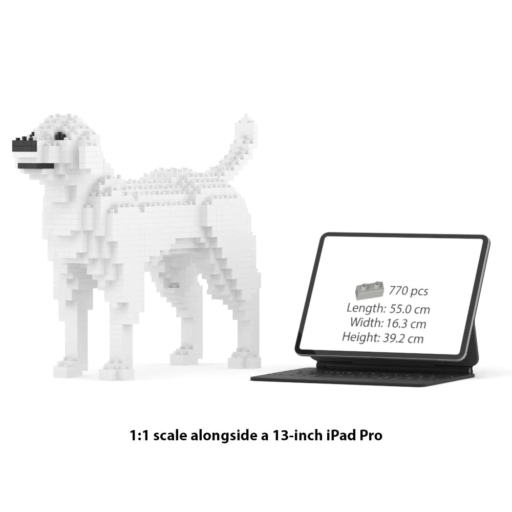 JEKCA Labrador Retriever building block model displayed next to 13-inch iPad Pro for scale comparison.