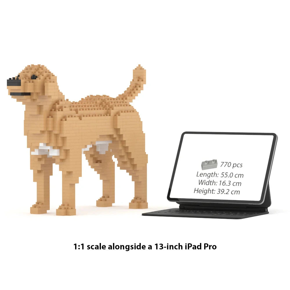 JEKCA Labrador Retriever building block model displayed next to 13-inch iPad Pro for scale comparison.
