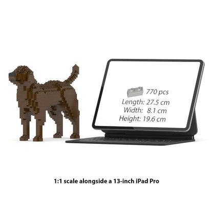 JEKCA Labrador Retriever building block model displayed next to 13-inch iPad Pro for scale comparison.