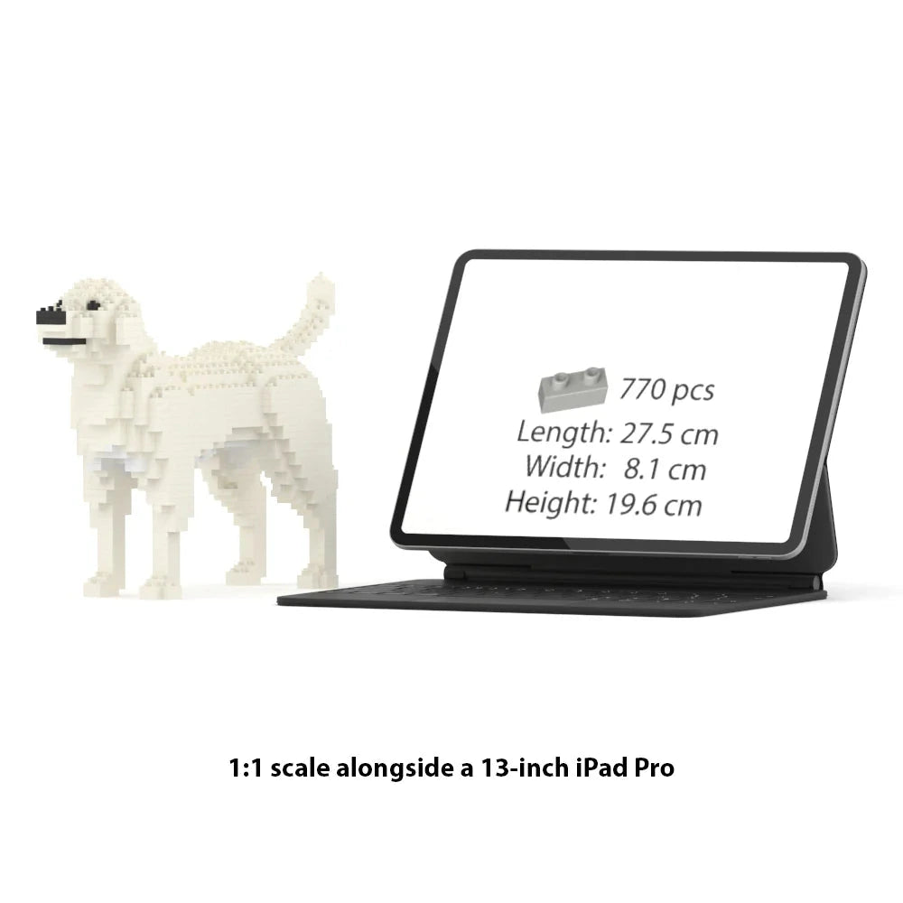 JEKCA Labrador Retriever building block model displayed next to 13-inch iPad Pro for scale comparison.
