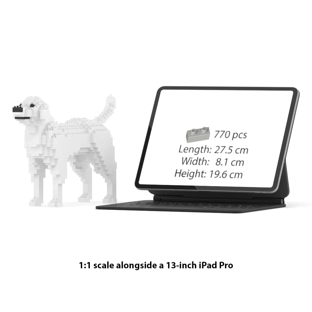 JEKCA Labrador Retriever building block model displayed next to 13-inch iPad Pro for scale comparison.