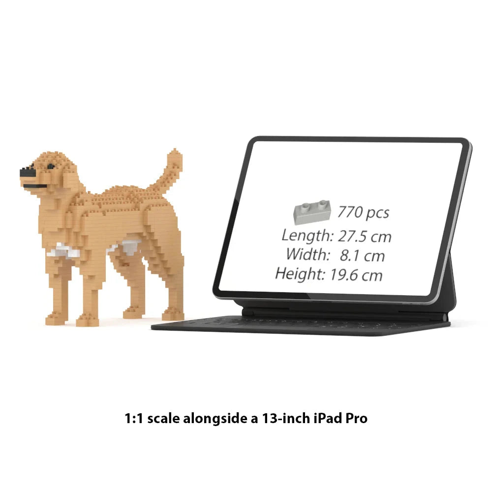 JEKCA Labrador Retriever building block model displayed next to 13-inch iPad Pro for scale comparison.