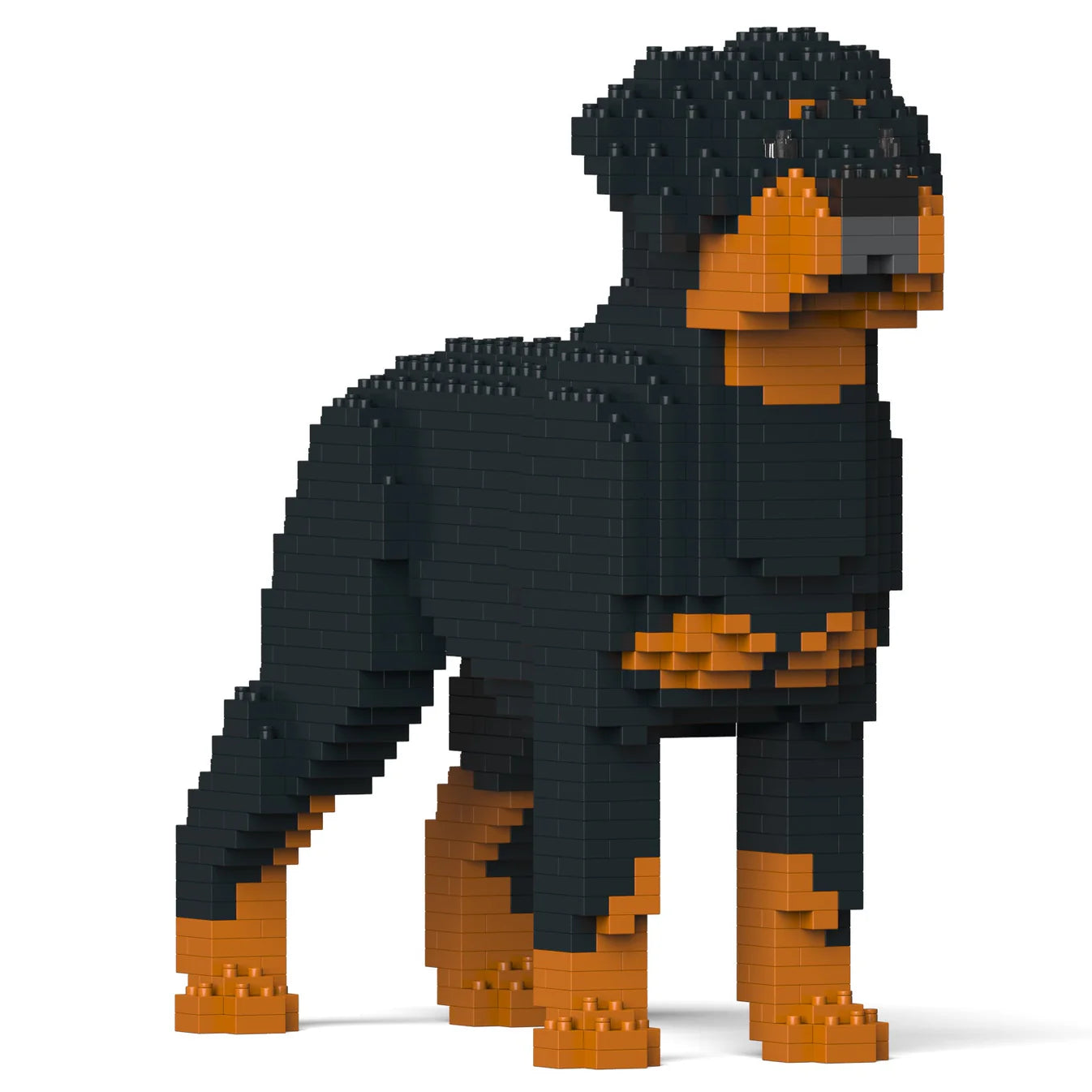 JEKCA Rottweiler toy made of building blocks on a white background