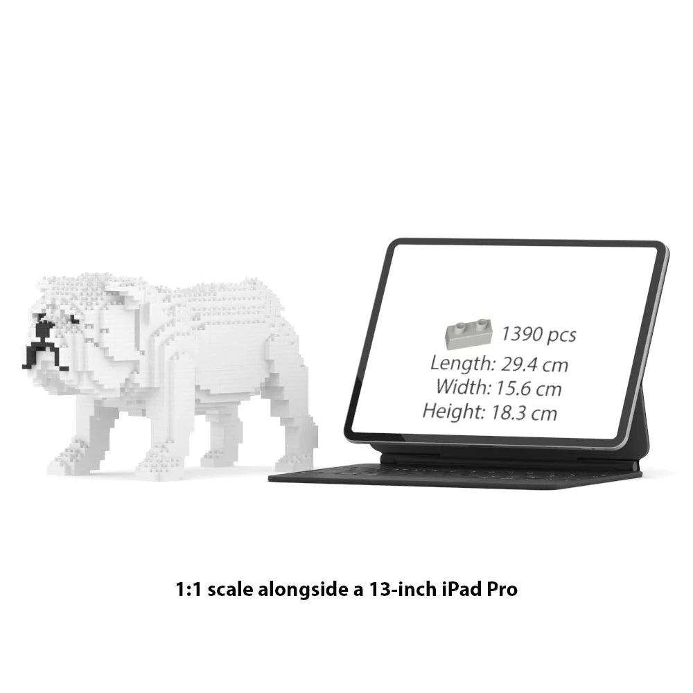JEKCA English Bulldog 1:1 scale building block sculpture standing next to a 13-inch iPad Pro for size reference.