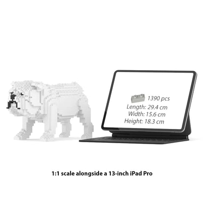 JEKCA English Bulldog 1:1 scale building block sculpture standing next to a 13-inch iPad Pro for size reference.