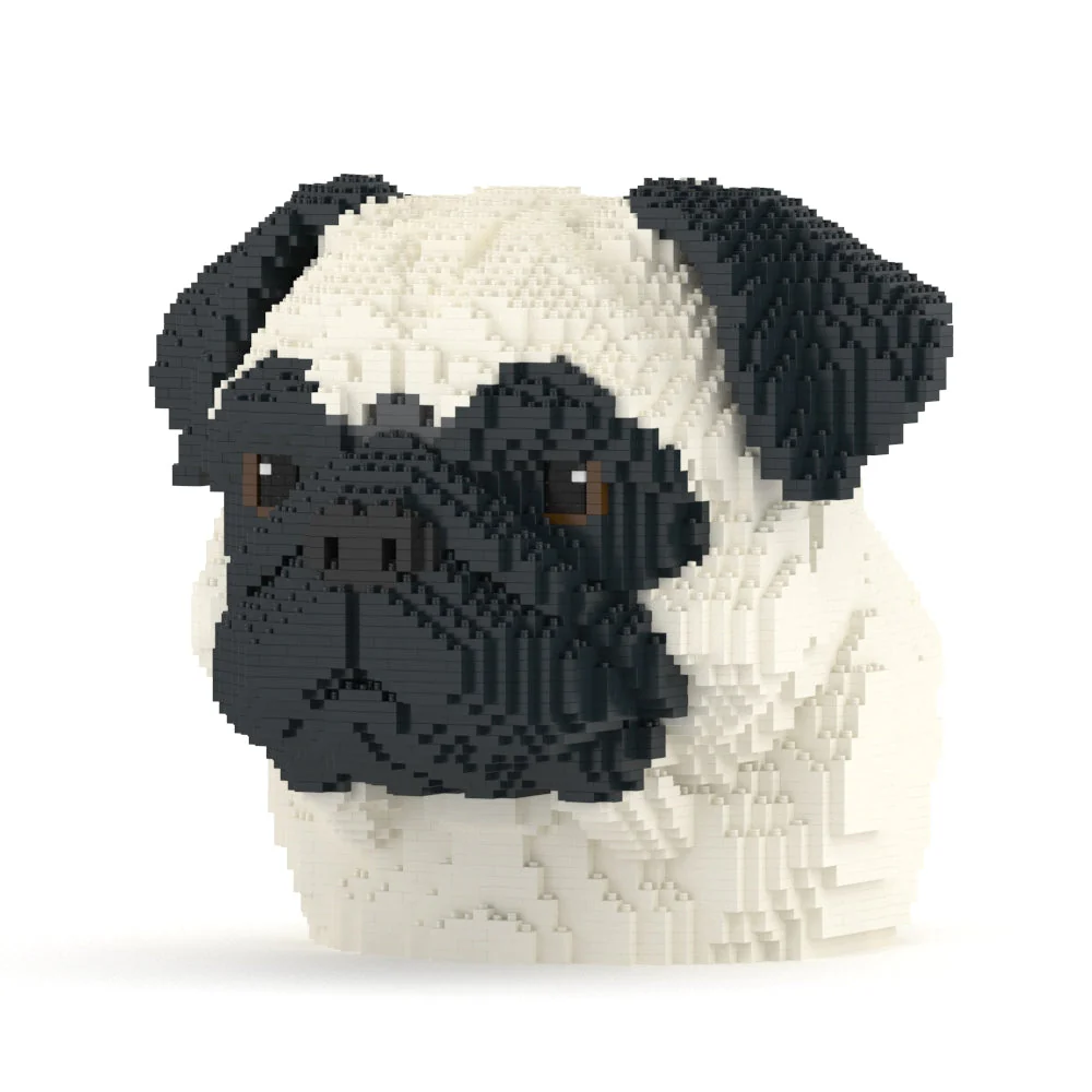 3D model of a pug made from interlocking bricks on a white background