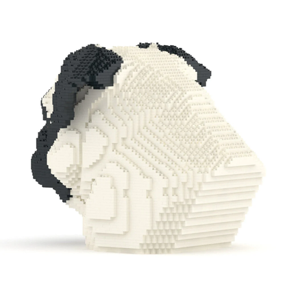 White and black head sculpture made of interlocking bricks on a white background