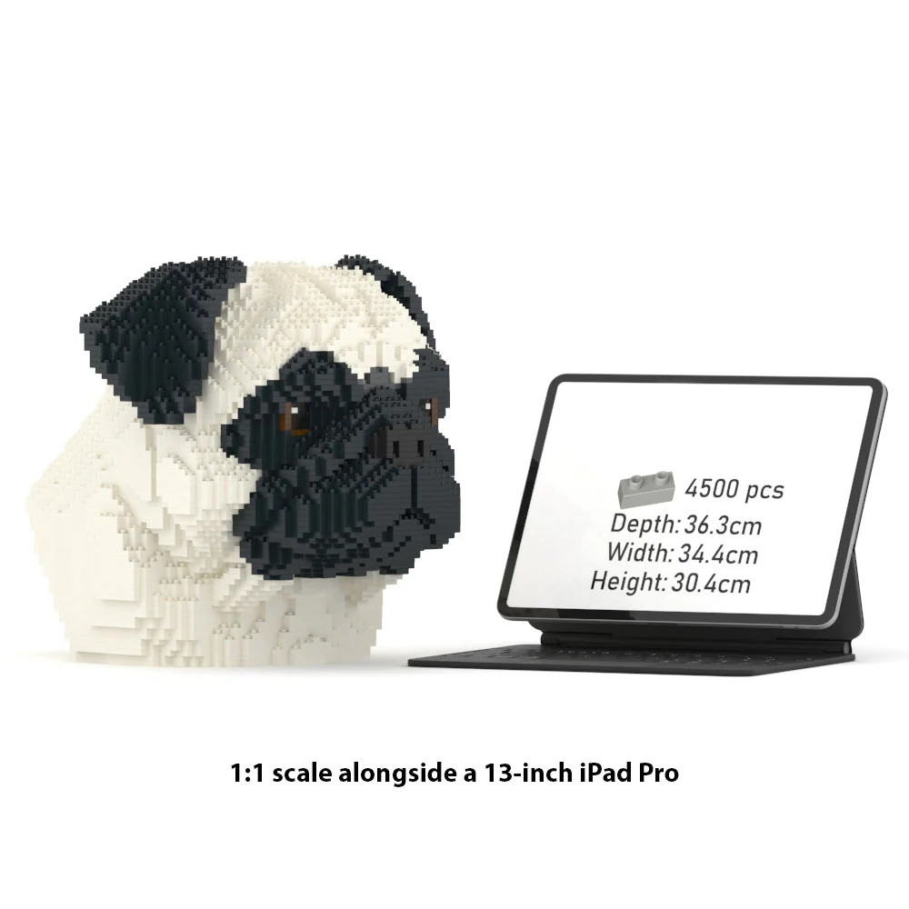 Model of a dog made from building blocks next to a 13-inch iPad Pro on a white background