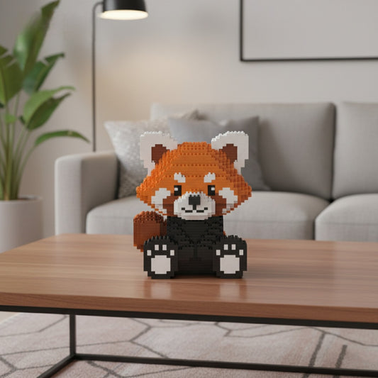 Red panda figurine made of interlocking bricks on a wooden table in a living room setting.