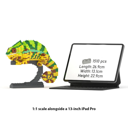 Colorful chameleon model next to a 13-inch iPad Pro for scale