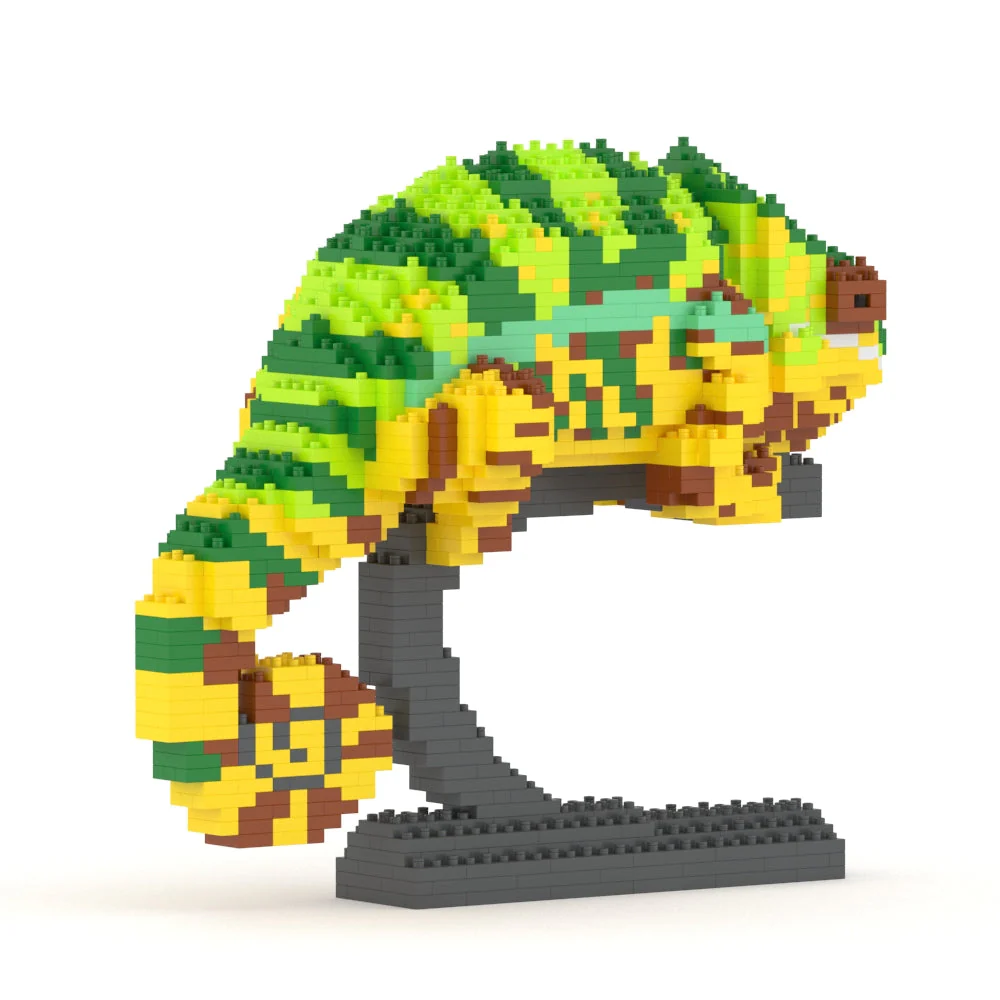 Colorful chameleon made of building blocks on a white background