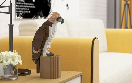 Phillipines Eagle Building Set made of plastic interlocking bricks standing on the brown platform made of blocks in a cozy room