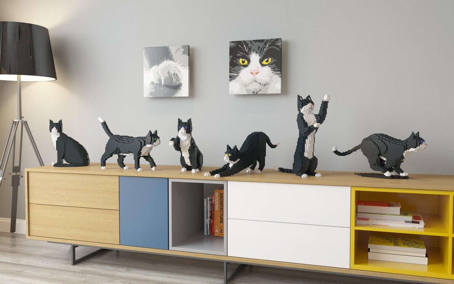 Grey Tuxedo Cats Sculptures - LAminifigs , lego style jekca building set