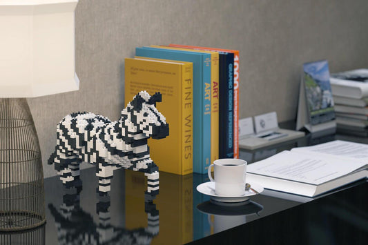 Jekca Lego-style Zebra Sculpture made of building blocks on the table